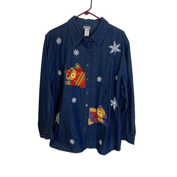 Fashion Bug Christmas Bear Denim Shirt Button Long Sleeve Size 22/24W NWOT - Picture 1 of 5